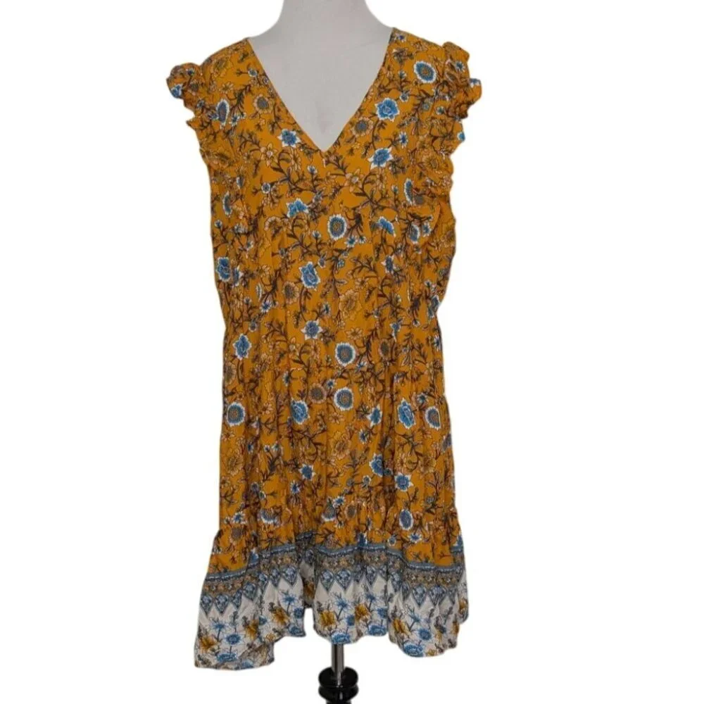 Umgee Floral Dress Womens Size Large Yellow Flutter Sleeve Contrast Hem Pullover - Picture 1 of 10